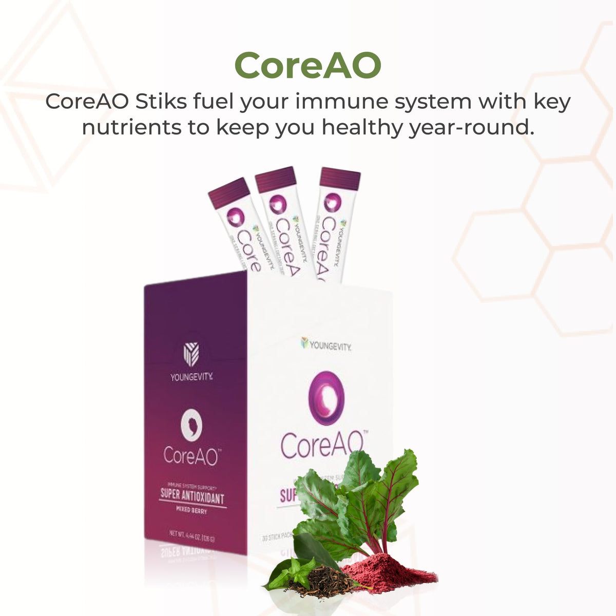 Youngevity Official CoreAO Stiks – Antioxidant Superfood Supplement - Vitamin C, D3, and Zinc - Immune Support, Berry Flavor, On-the-Go Stick Packs, Non-GMO, Gluten-Free, and Low-Calorie – 30 Servings