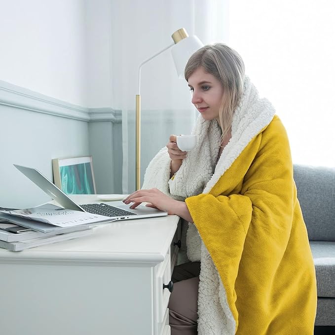 IR Imperial Rooms Ochre Sherpa Fleece Throw Blanket for Bed - Wholesale Bulk Pack of 16 Sherpa Blankets - Soft Fluffy Throw Blankets for Hotels, Guest Bedroom (Yellow, 50x60 Inches)