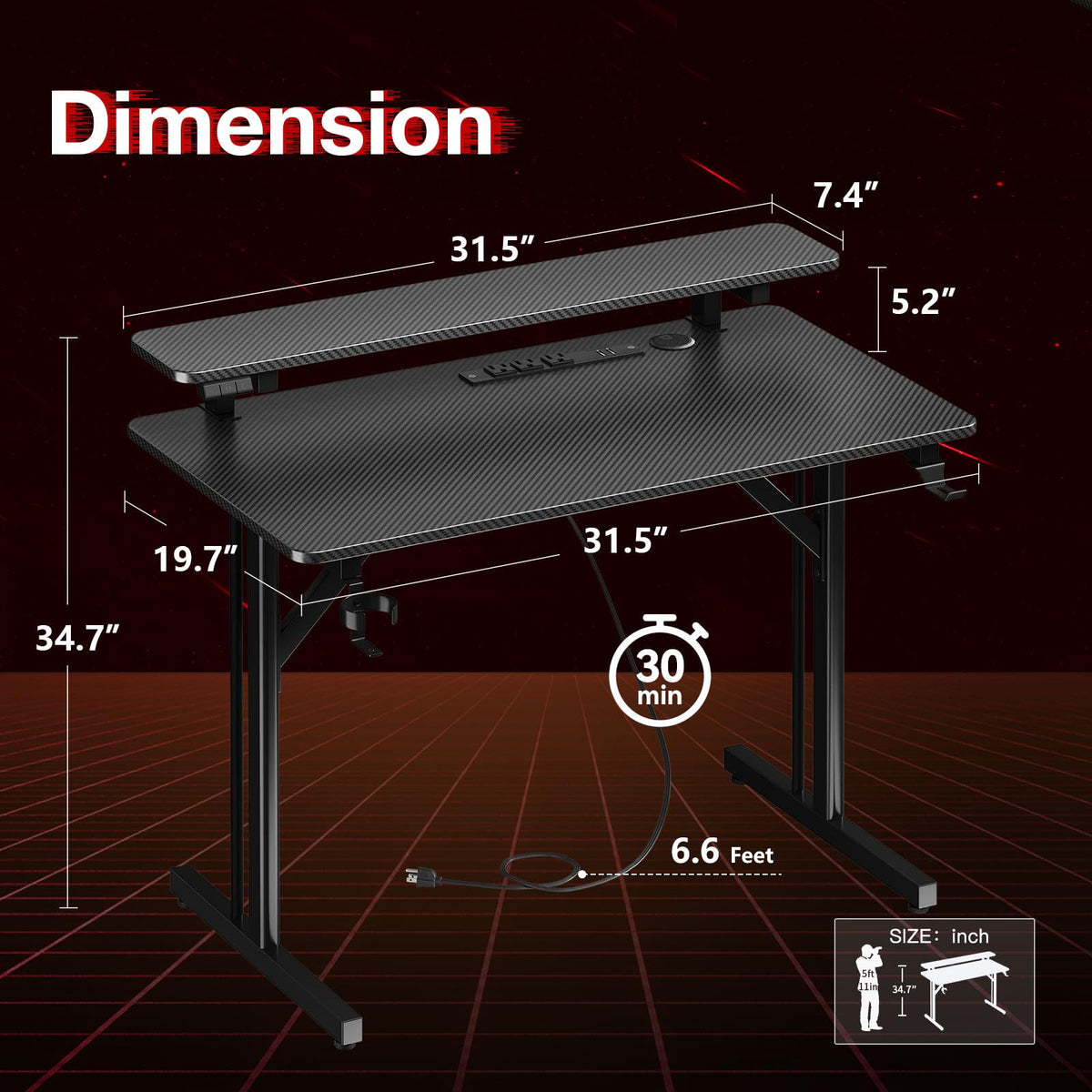 MOTPK 32 Inch Small Gaming Desk with LED Lights & Power Outlets, Computer Desk Gaming Table with Monitor Shelf, Gamer Desk with Carbon Fiber Texture, Kids Boys Desk Gift for Men