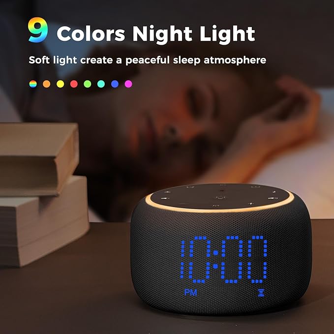White Noise Machine Alarm Clock for Bedrooms - 5W Stereo Bluetooth Speaker - 24 Soothing Sounds - 9 Night Lights - Auto-Dimmable Digital Alarm Clock Sound Machine for Sleeping