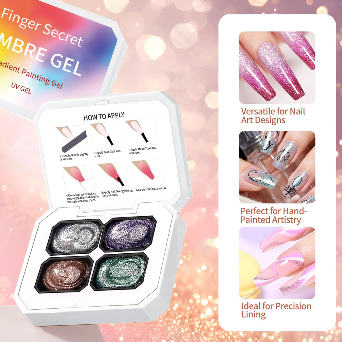 Finger Secret 4 Colors Ombre Gel Nail Polish,Glitter Ombre Pigment Palette Pat Patting Gel with 20Pcs Nail Sponges for Nail Painting Gel Nail Art in Salon or Home Use (k5)
