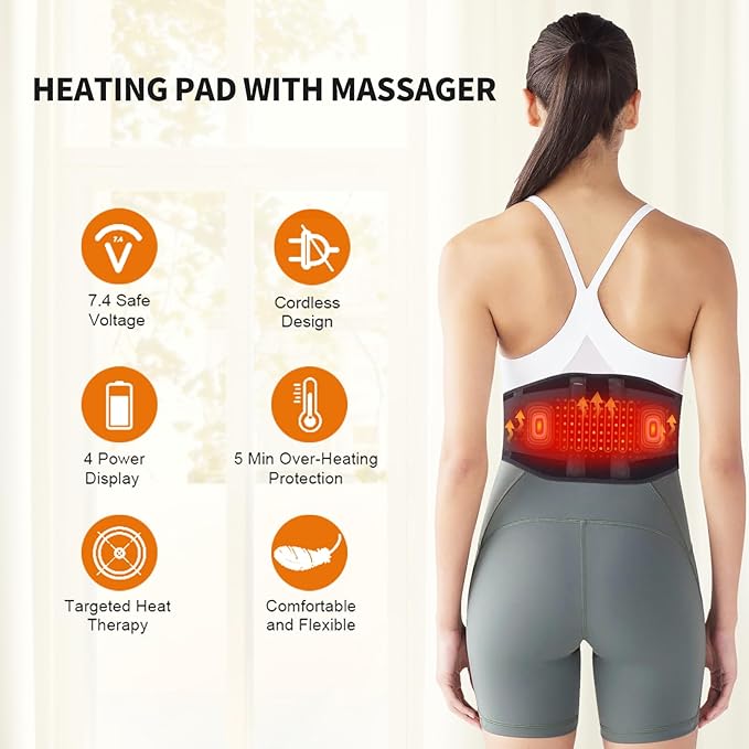 CUEHEAT Heated Waist Belt, Cordless Heating Pad for Low Back, Electrical Heating and Massage, Rechargeable Battery Powered (Dark Black, 49inch)