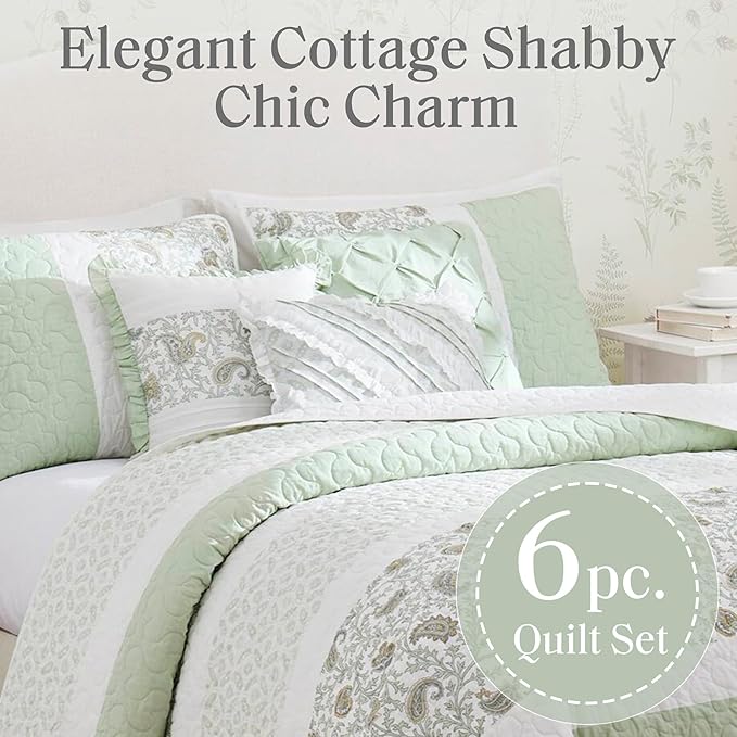 Madison Park King Quilt Set Cotton Coverlet Set with Cotton Filling for King Size Bed, All Season, Lightweight King Cotton Quilt Include Shams, & Décor Pillows, Dawn, King/Cal King Sage Green 6 Piece