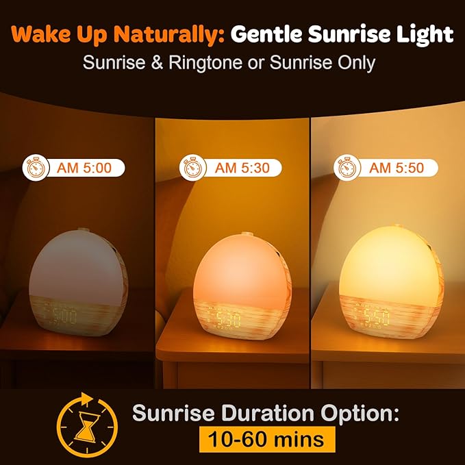 White Noise Sound Machine: Wood Grain, 30 Sleep Sounds, Bluetooth, Sunrise Alarm Clock with Dual Alarms, Adjustable Brightness,Wake-Up Light, Ideal for Bedroom, Office, Kids & Adults
