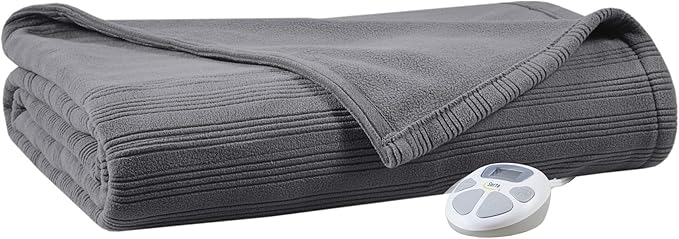 Serta Travis Fleece Ultra Soft Tri-Rib Textured Electric Blanket, Cozy and Snuggly Cover Fast Heating for Cold Weather, Auto Shut Off, Multi Heat Setting Controller, Twin, Charcoal