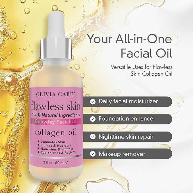 Olivia Care Collagen Facial Oil - Flawless Essential Facial Oil 100% Natural. Nourishing, Reviving & Hydrating Soothing - For All Skin Types - 2 fl oz (Collagen)