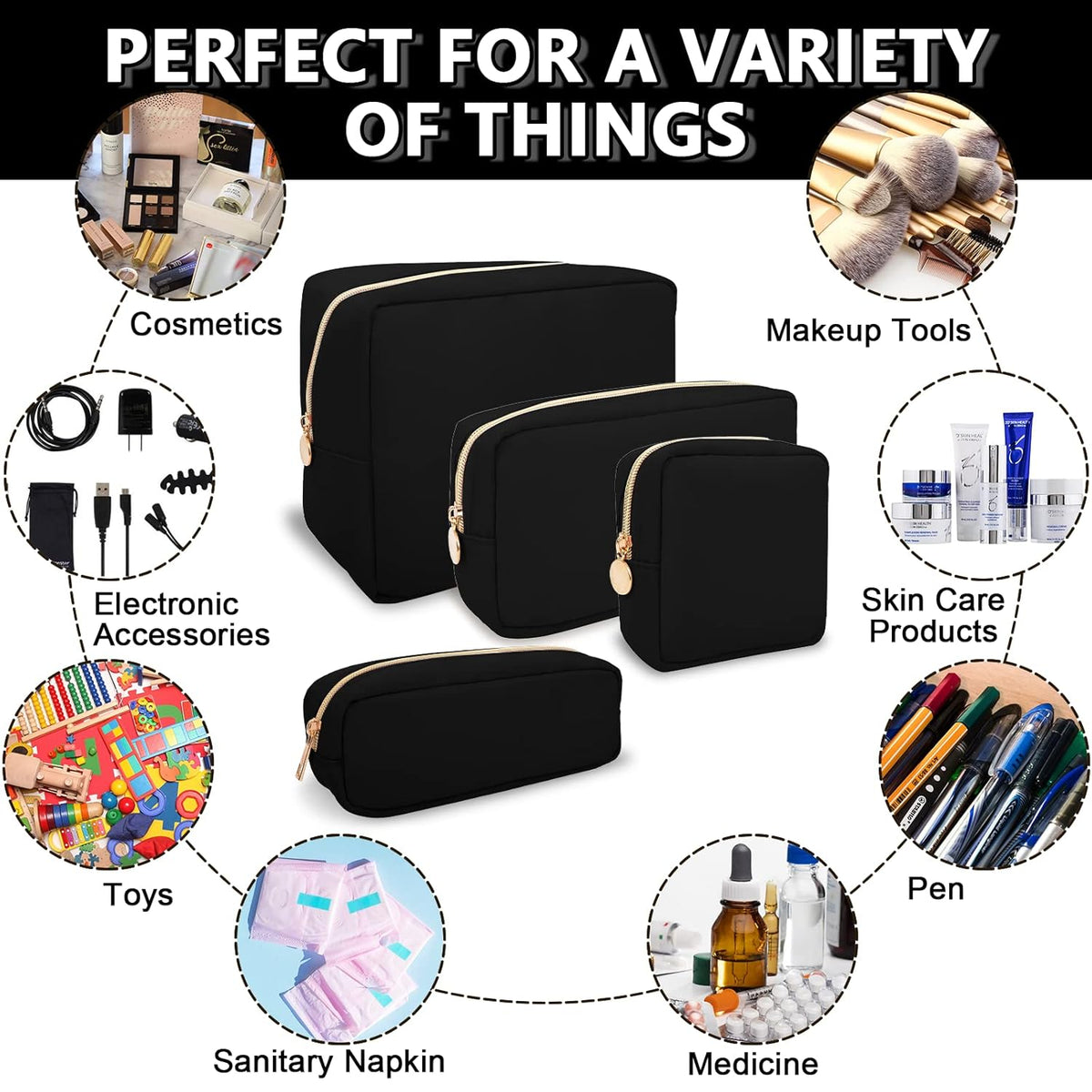 Waterproof Small Makeup Pouch for Purse,Nylon Travel Toiletry Storage Pouch Cute Preppy Cosmetic Bag for Women Girl,Waterproof Makeup Organizer Skincare Bag Purse with Zipper(Small-Black)