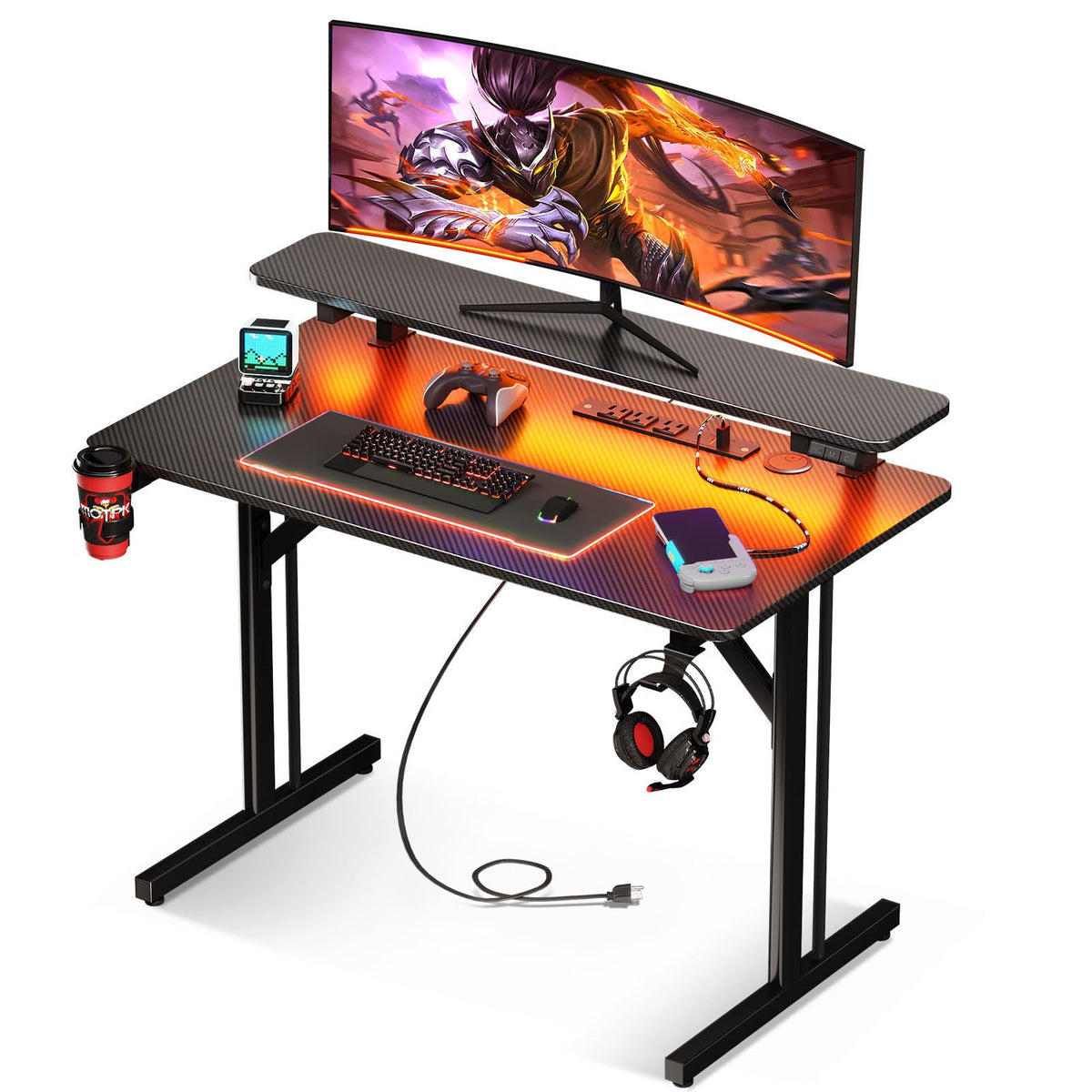 MOTPK 32 Inch Small Gaming Desk with LED Lights & Power Outlets, Computer Desk Gaming Table with Monitor Shelf, Gamer Desk with Carbon Fiber Texture, Kids Boys Desk Gift for Men