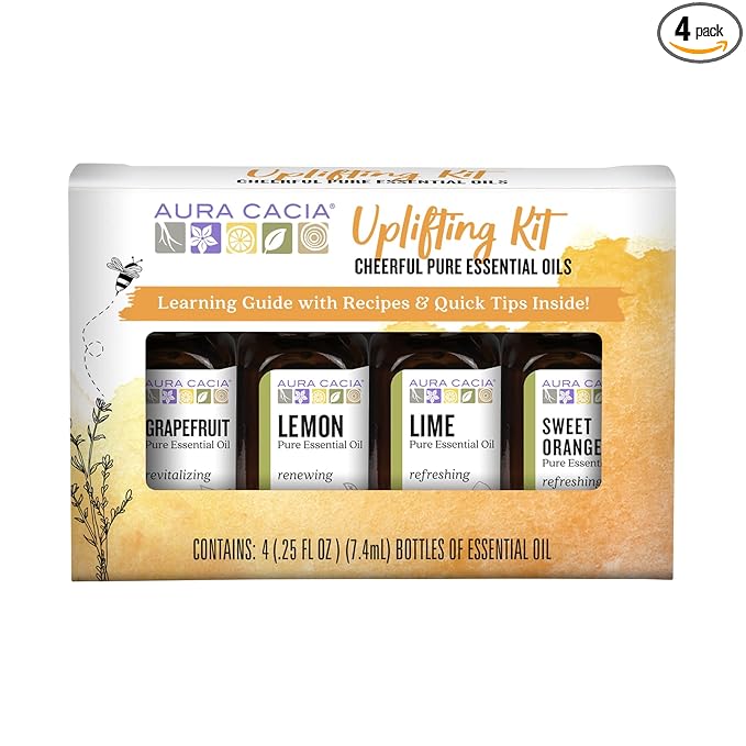 Aura Cacia Cheerful Pure Essential Oils Uplifting Kit, 0.25 fl oz 4-Pack, Grapefruit, Lemon, Lime, Sweet Orange Aromatic Oils