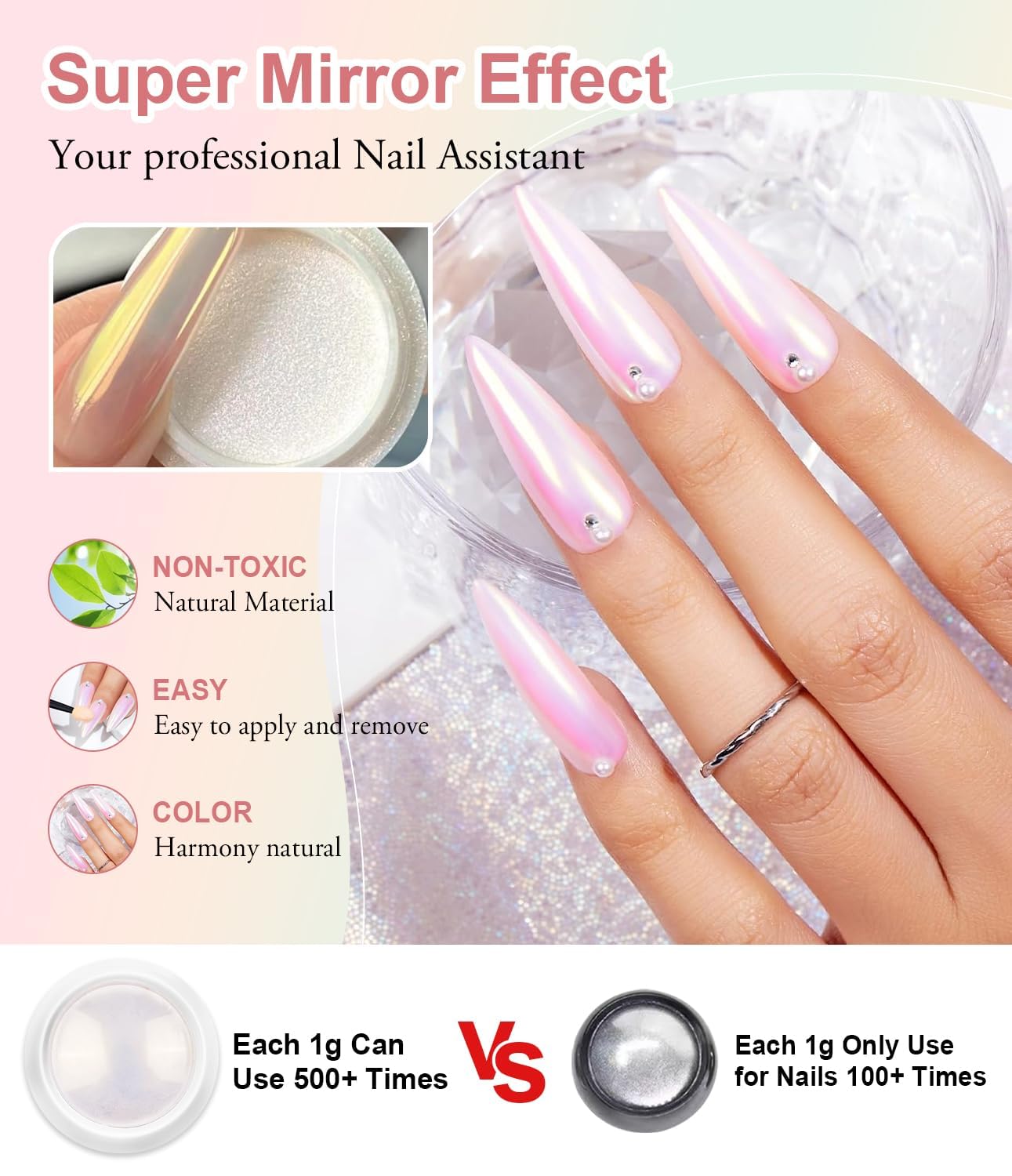 White Chrome Nail Powder: 4Pcs Iridescent Aurora Mermaid Pearl Chrome Powder Pearl Dust Kit for Gel for Gel Nails Art Decoration