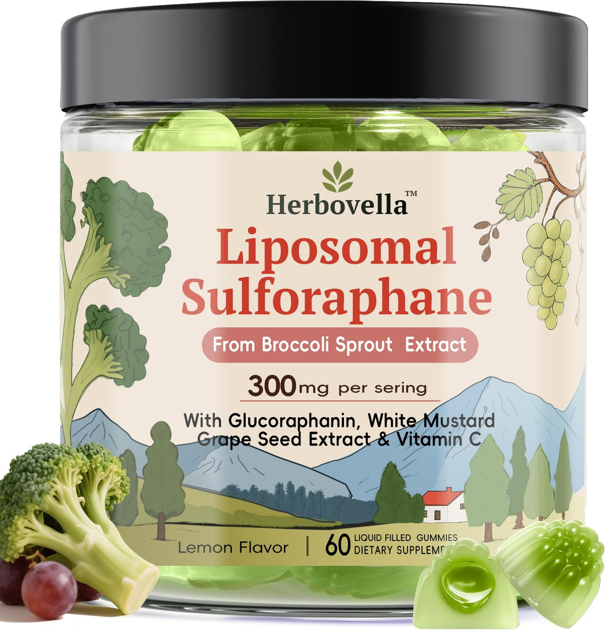 Broccoli Sprout Liposomal Sulforaphane Gummies – Sulforaphane Supplement 300mg with Glucoraphanin, White Mustard & Vitamin C for Antioxidant & Detox Support – Sugar-Free, Lemon Flavor, 60 Count