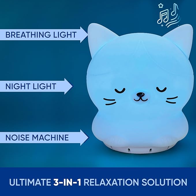 Mindfulness 'Breathing Kitty' | 4-7-8 Guided Visual Meditation Breathing Light | 3 in 1 Device with Night Light & Noise Machine for ADHD Anxiety Stress Relief Sleep - Gift for Kids Adult Women Men