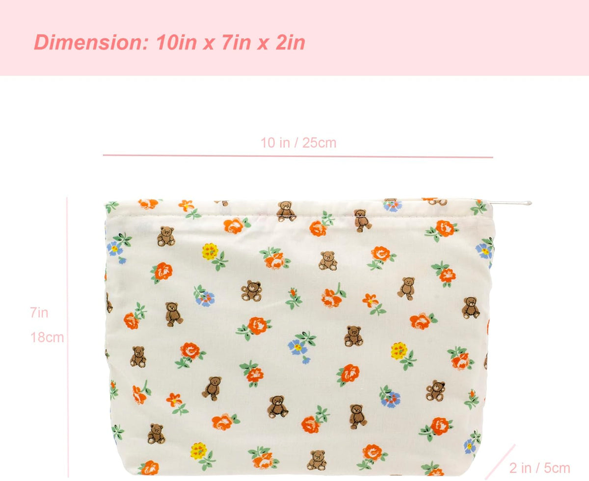 PAZIMIIK Floral Makeup Bag Large Cotton Zipper Pouch for Purse Travel Canvas Make Up Organizer for Women Cosmetic,Flower Bear White