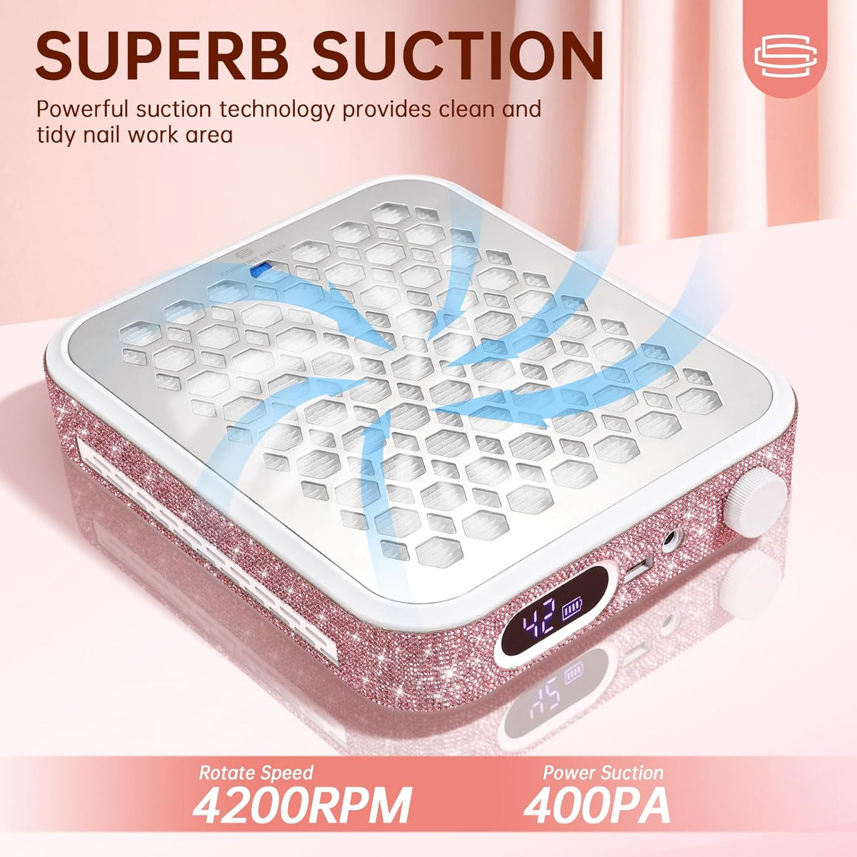 Nail Dust Collector, Rechargeable Dust Collector Nail Tech, Powerful Vacuum Fan Vent Dust Collector Extractor Dust Suction Machine for Acrylic Nails Polishing, Nail Salon&Home, Pink
