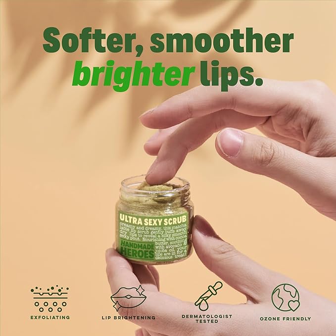 Handmade Heroes Plumping Bakuchiol Lip Mask and Green Tea Lip Scrub Bundle - Clean Sustainable Skincare Lip Exfoliator and Lip Treatment - Matcha Latte & Bakuchiol