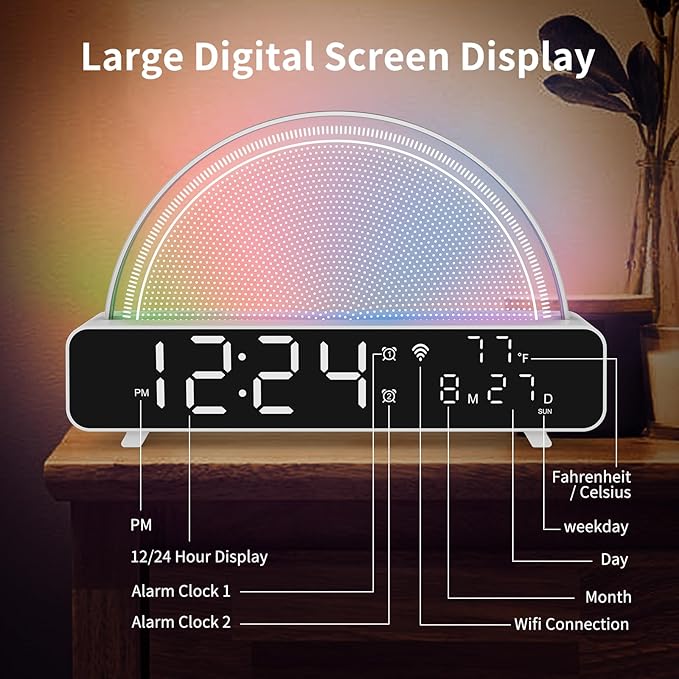zerain Sound Machine Sunrise Alarm Clock,Gentle Wake Up Light,Toddler Sleep Trainer,White Noise Soother,Custom Sleep Program Auto Brightness Adjustment,Smart Light 99 Color (White)