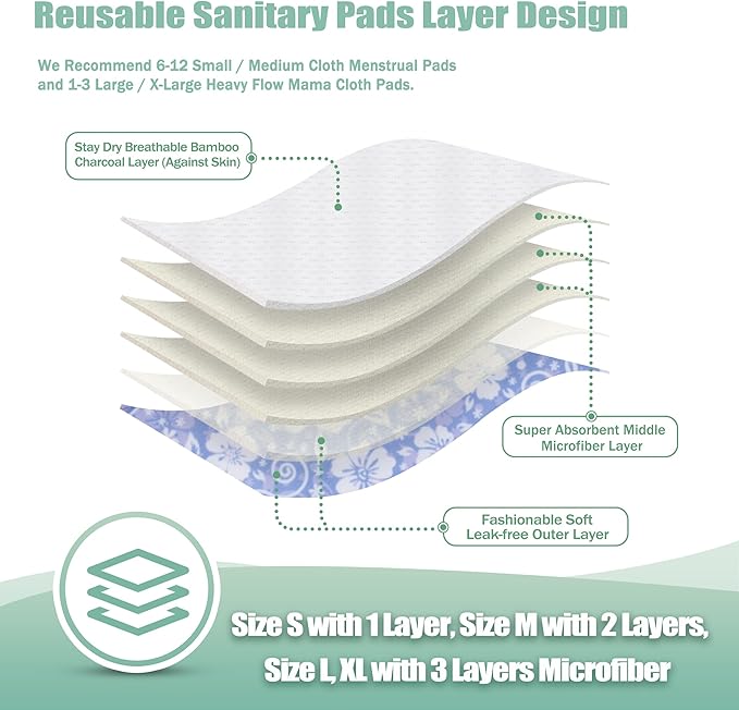 wegreeco Reusable Menstrual Pads - Reusable Sanitary Pads | Reusable Panty Liners | Soft Cloth Menstrual Pads - 6 Pack, 1 Cloth Wet Bag (in Full Bloom Flower, Large)