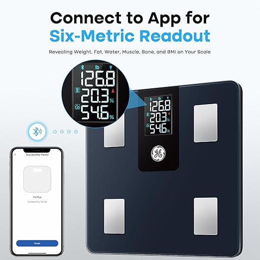 GE Smart Scale for Body Weight and Fat Percentage with All-in-one LCD Display, Digital Bathroom Weight Scales Bluetooth Body Composition Analyzer with App, Accurate Weighing, 400 lbs / 180 kg