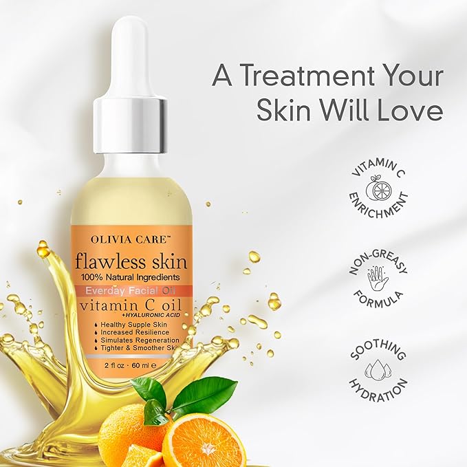 Olivia Care Vitamin C + Hyaluronic Acid Flawless Essential Facial Oil Acid 100% Natural, Reviving, Hydrating, Calming & Soothing. Stabilize & Retain Moisture 2 fl oz (Vitamin C)