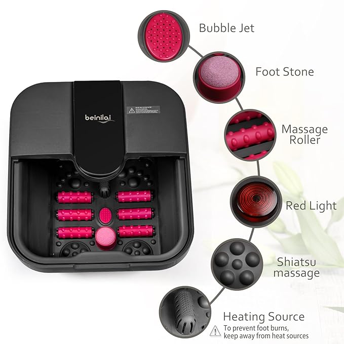 Beinilai Collapsible Foot Spa,Foot Bath with Heat and Massage and Bubble Jets,Foot Soak Tub with Six Non Motorized Rollers,Acupressure Massage Points,Red Light and Removable Pumice Stone
