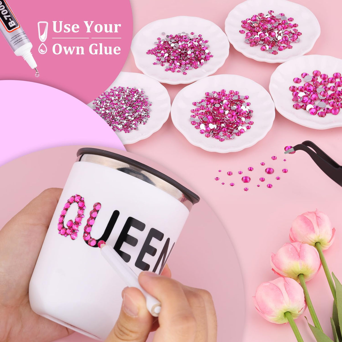 Resin Rhinestones for Crafting, 2 Boxeses Hot Pink Multi Sizes Flatback Bedazzling Crystals for Crafts Nail Art Deco, Non Hotfix Gems Charms for Tumbler Shoes Clothing Fabric Face Makeup