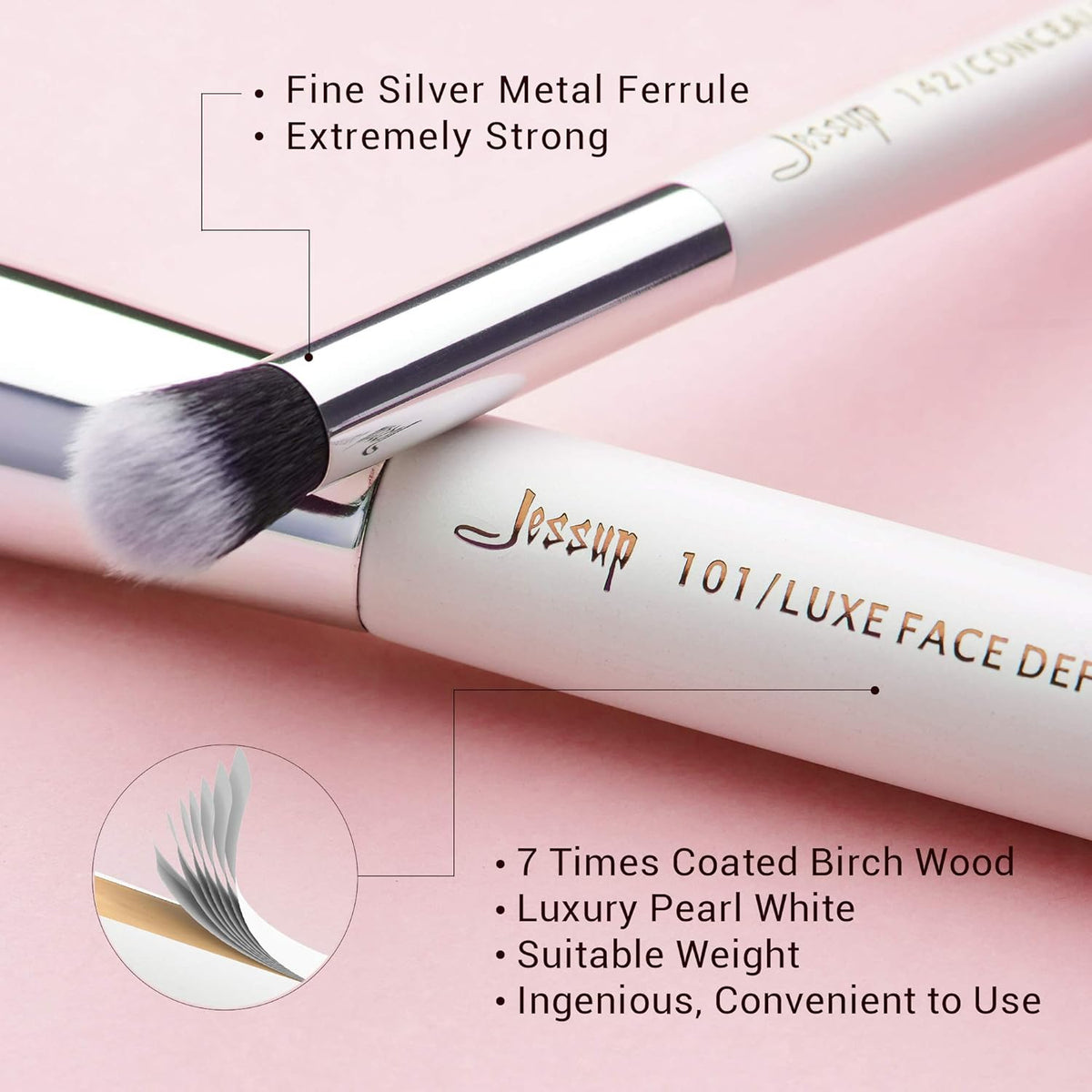 Jessup Brand 25pcs Professional Makeup Brush Set Beauty Cosmetic Foundation Powder Blusher Eyeshadow Blending Highlight Concealer Natural-Synthetic Hair Brushes Set (Pearl White/Silver)