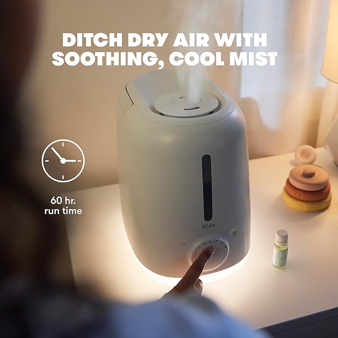 Frida Baby 3-in-1 XL Top Fill Humidifier for Bedroom, Allergy Relief, 6L Tank Cool Mist Humidifier for Large Rooms + Diffuser, Nightlight, Auto Shut-Off, Quiet, Carry Handle, Essential Oil Diffuser