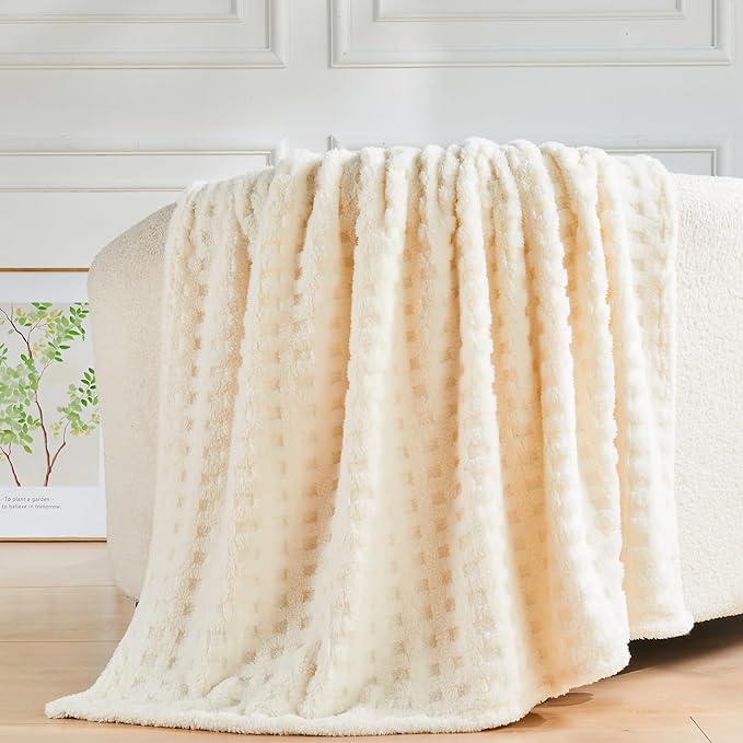 NEWCOSPLAY Super Soft Throw Blanket Ivory Premium Silky Flannel Fleece 3D Waffle Checkered Lightweight Bed Blanket All Season Use (Ivory, Throw(50"x70"))