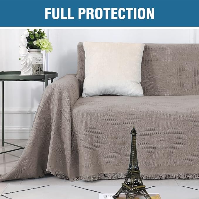 H.VERSAILTEX Cotton Sofa Covers Couch Cover Sofa Slipcover for Most Shape Sofas, Feature Thick Woven Jacquard Seamless with Tassels, Multi-Use Decorative for Couch (Large: 71" x 102", Sand)