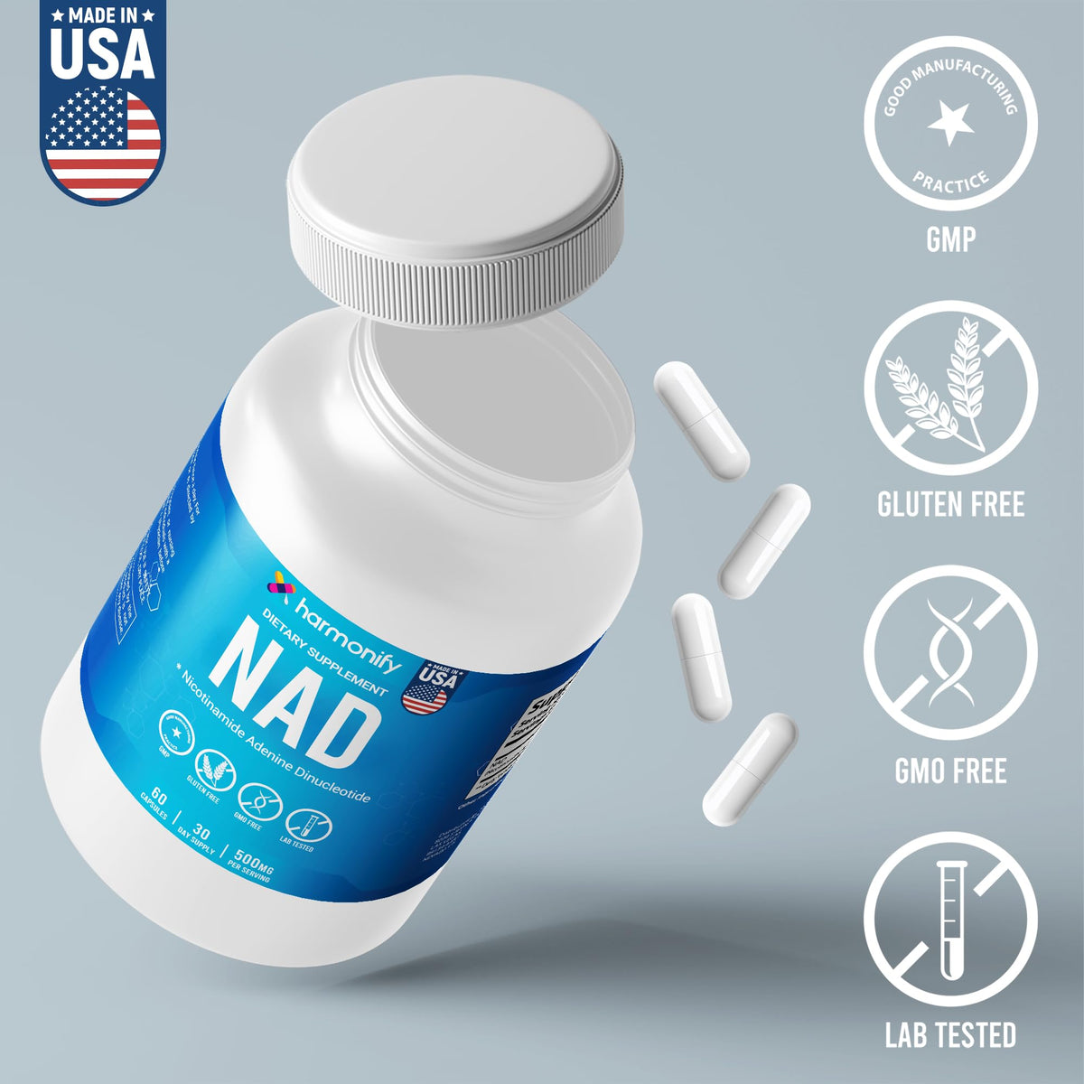 HARMONIFY NAD Supplement 60 Capsules, Proudly USA Company, Non-GMO & Gluten Free, 1 Month Serving, 1000 Mg Per Serving