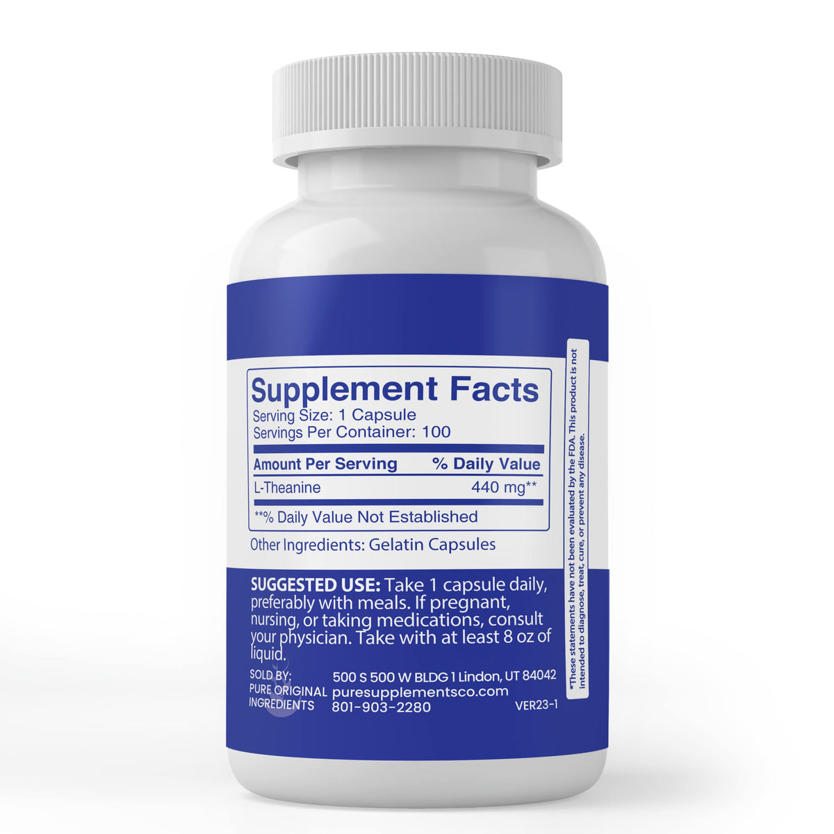 Pure Original Ingredients L-Theanine, (100 Capsules) Always Pure, No Additives or Fillers, Lab Verified