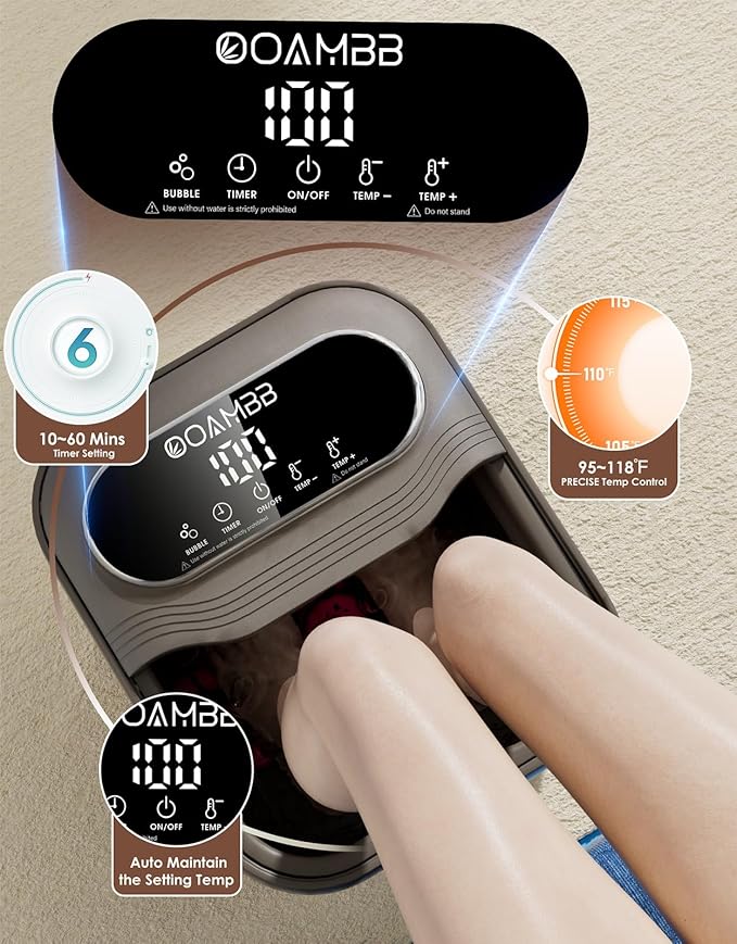 Collapsible Foot Spa with Heat, Bubble and Temp Control, Foot Bath Massager with XL Touch Screen and Massage Rollers, Foot Soaking Tub, Pedicure Foot spa for Stress Relief (Dark Grey)