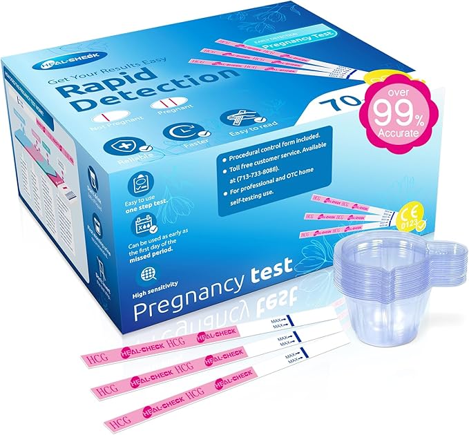 Pregnancy Tests with Cup, HEAL-CHECK Bulk Pregnancy Test Strips for Home Detection, Over 99% Accuracy, Individually Wrapped, 5mm Width HCG Test Kit, Fertility Value Pack, FSA HSA Eligible, 70 Count