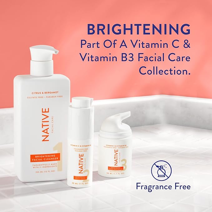 Native Brightening Facial Serum Contains Naturally Derived Ingredients | Hydrating Serum with Vitamin C and Niacinamide, Vitamin B3, Revitalize and Repair Your Skin, Fragrance-Free, 30ml, 1 fl oz