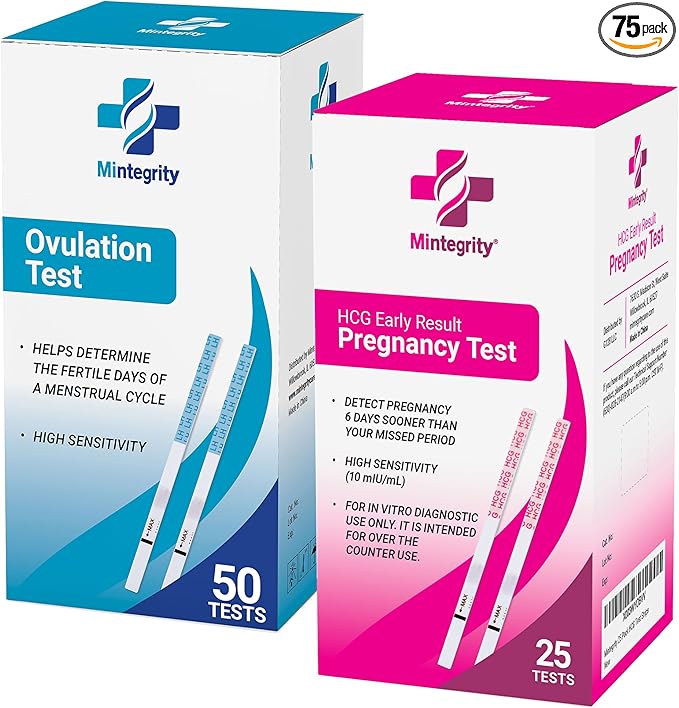 [Mintegrity] 50 Ovulation Test Strips and 25 Pregnancy Test Strips Combo Kit, (50 LH + 25 HCG), Easy to Use at Home