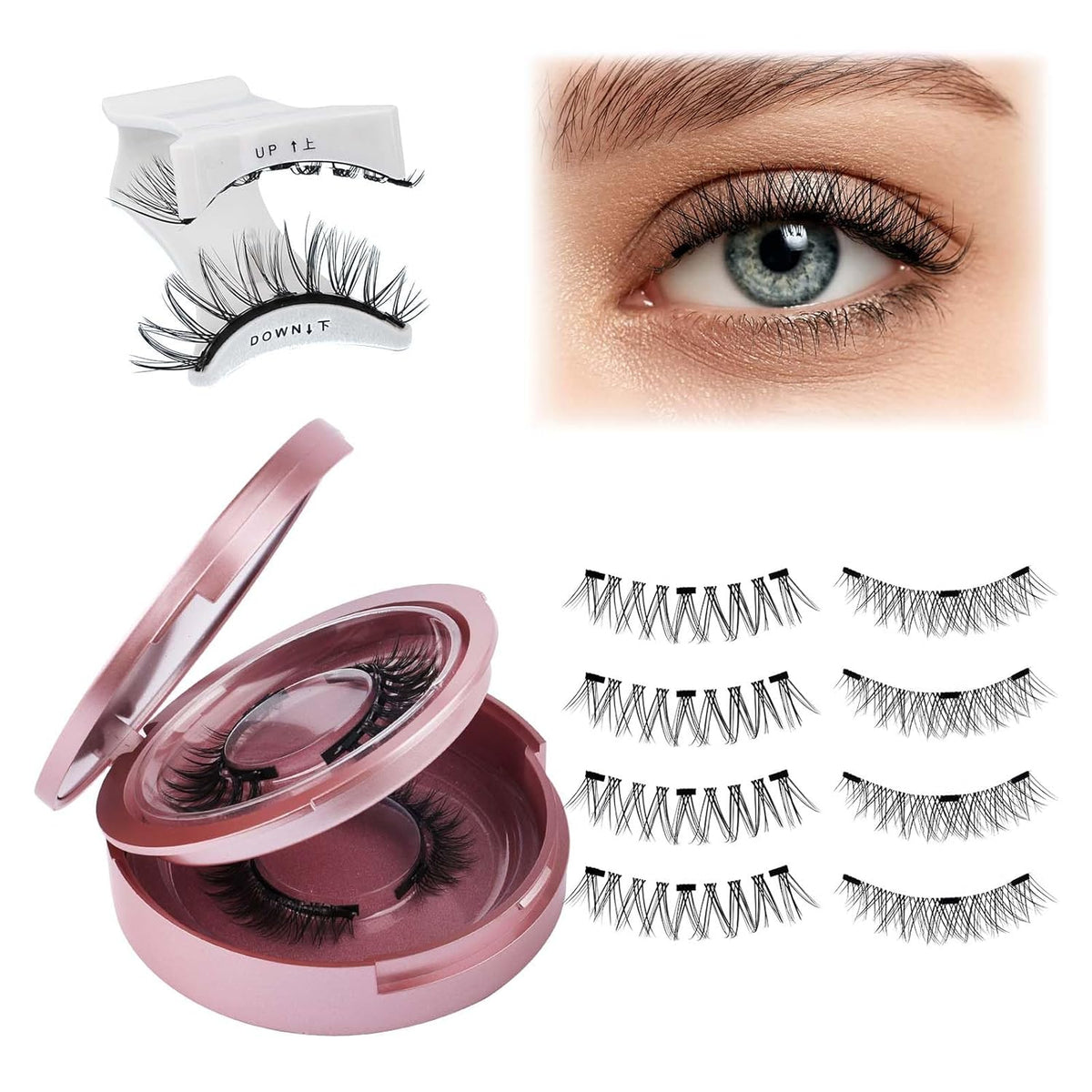 FADLASH Magnetic Eyelashes with Applicator 2 Pairs Reusable Waterproof Cat Eye Magnetic Lashes Natural Look Easy to Wear and Remove, Black (Y1+Y3)
