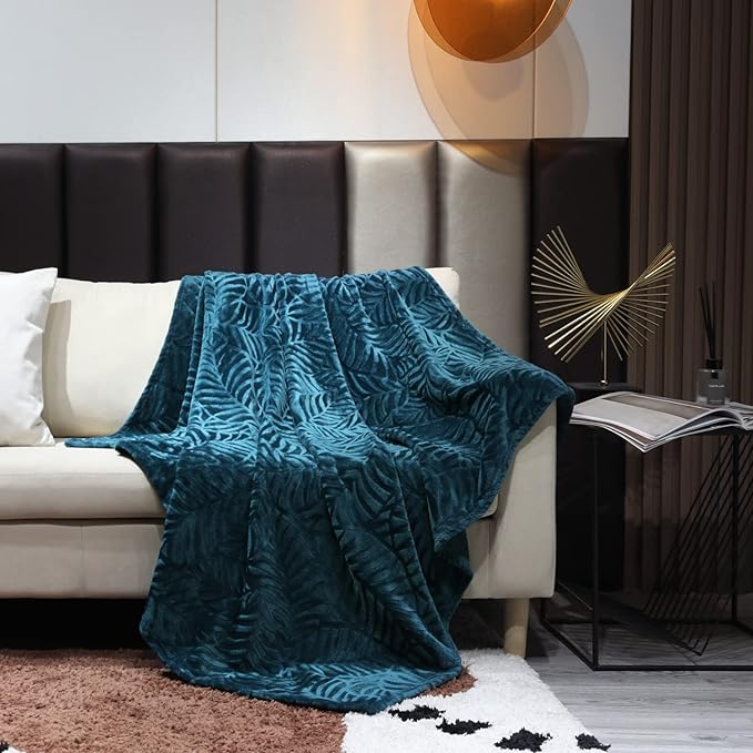 SOCHOW Super Soft Flannel Fleece Throw Blanket, Lightweight Cozy Warm Leaves Textured Plush Blanket for Bed Couch Sofa, 50 x 60 Inches, Blue Coral