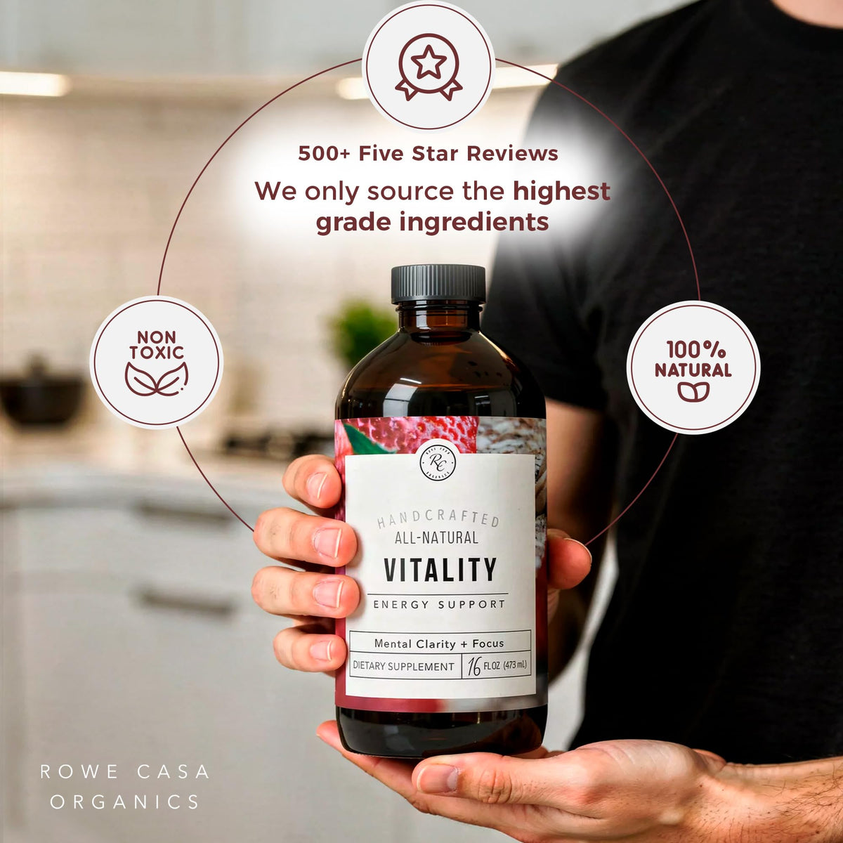 Rowe Casa Organics Vitality Energy Support with Strawberries, Guarana & Rhodiola Extract – Botanical Caffeine Liquid Vitamins for Daily Energy & Vitality – Adults – 16 Fl Oz