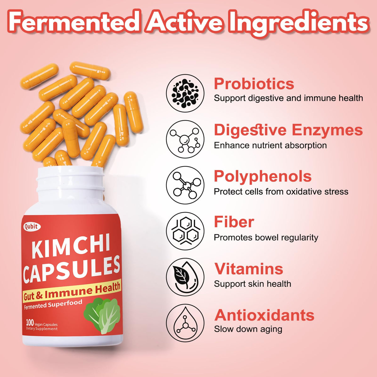 Jkrova Kimchi Capsules, Kimchi Supplement, Probiotics & Enzymes Supports Gut & Digestive Health, Taste Well, One Fermented Superfood for Antioxidant Support, 90 Vegan Capsules, Pills