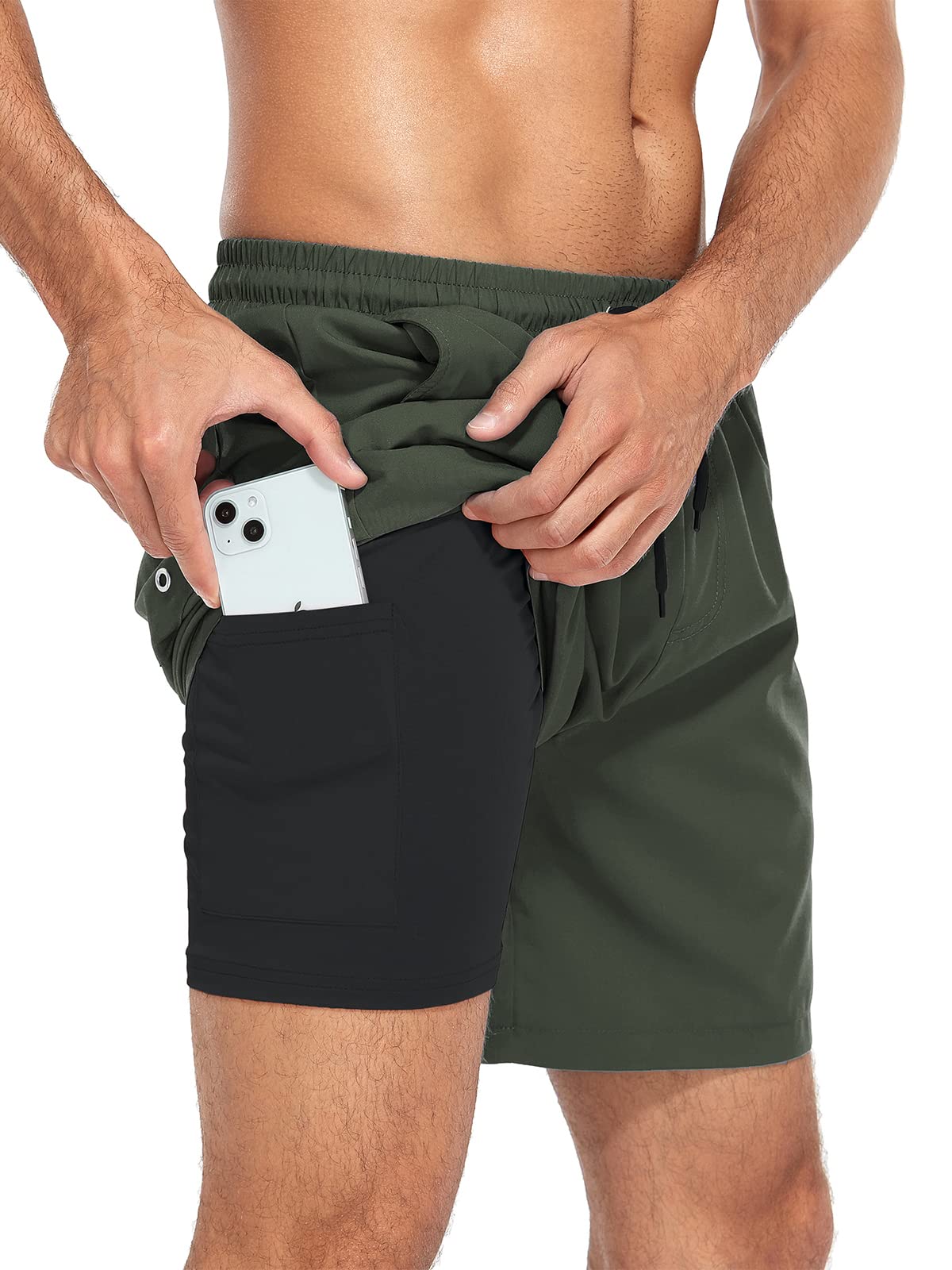 Komorebi Mens Swim Trunks with Compression Liner Mens Bathing Suit Mens Swimwear Quick Dry 7 Inch Inseam Boxer Brief Liner Mens Swimming Trunks with Pockets