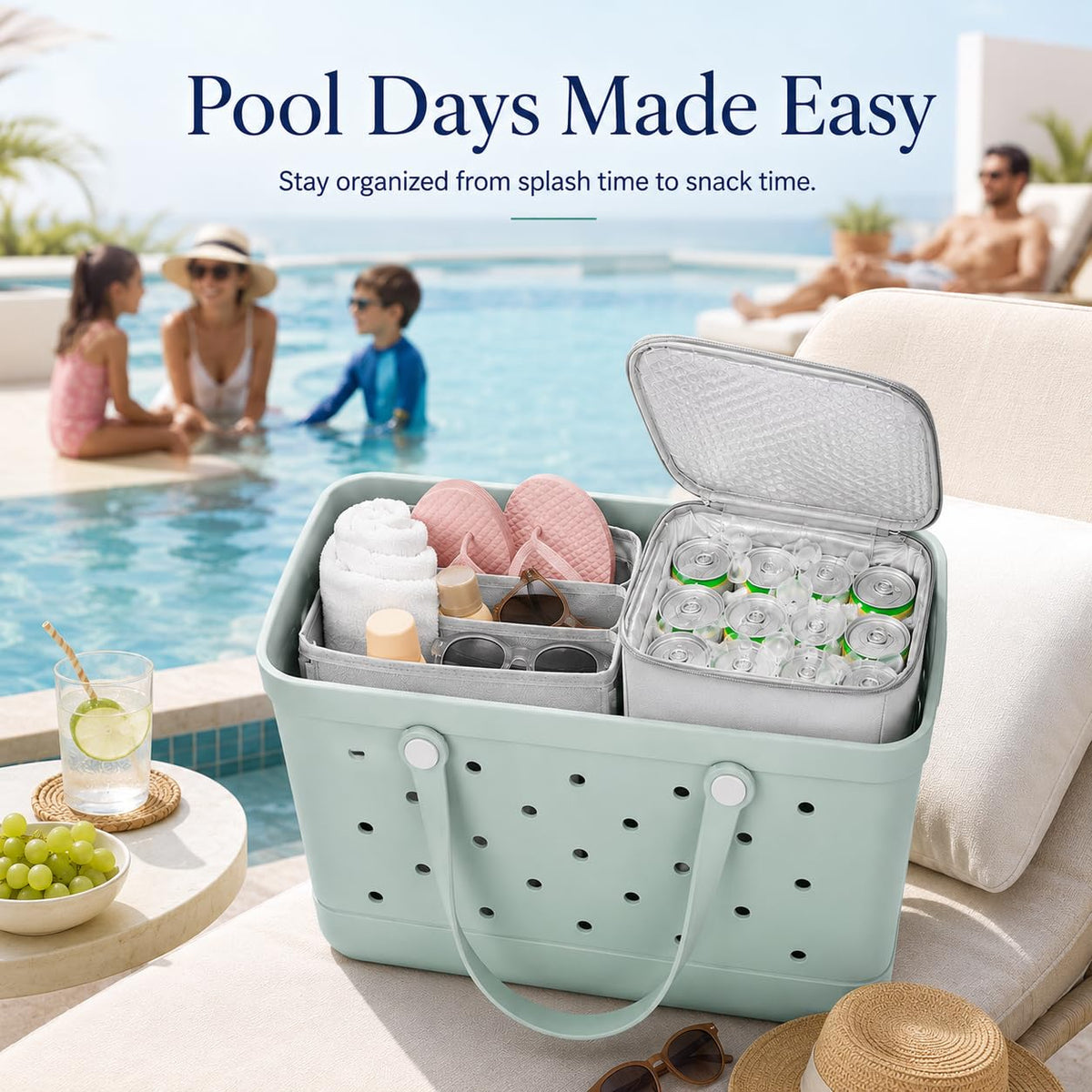 2-in-1 Cooler Organizer Insert Compatible with X Large Bogg Bag, No More Mess & Leaks, Beach & Pool Organizer for Travel & Picnic, Leak-Proof PEVA Insulated Cooler with Mesh Divider