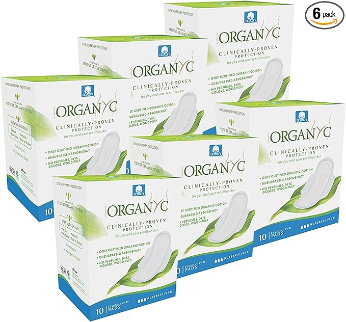 Organyc - 100% Certified Organic Cotton Feminine Pads - Sanitary Napkin with Wings for Women, Moderate Flow, Regular Absorbency, 60 Count (6 Pack of 10 Count)