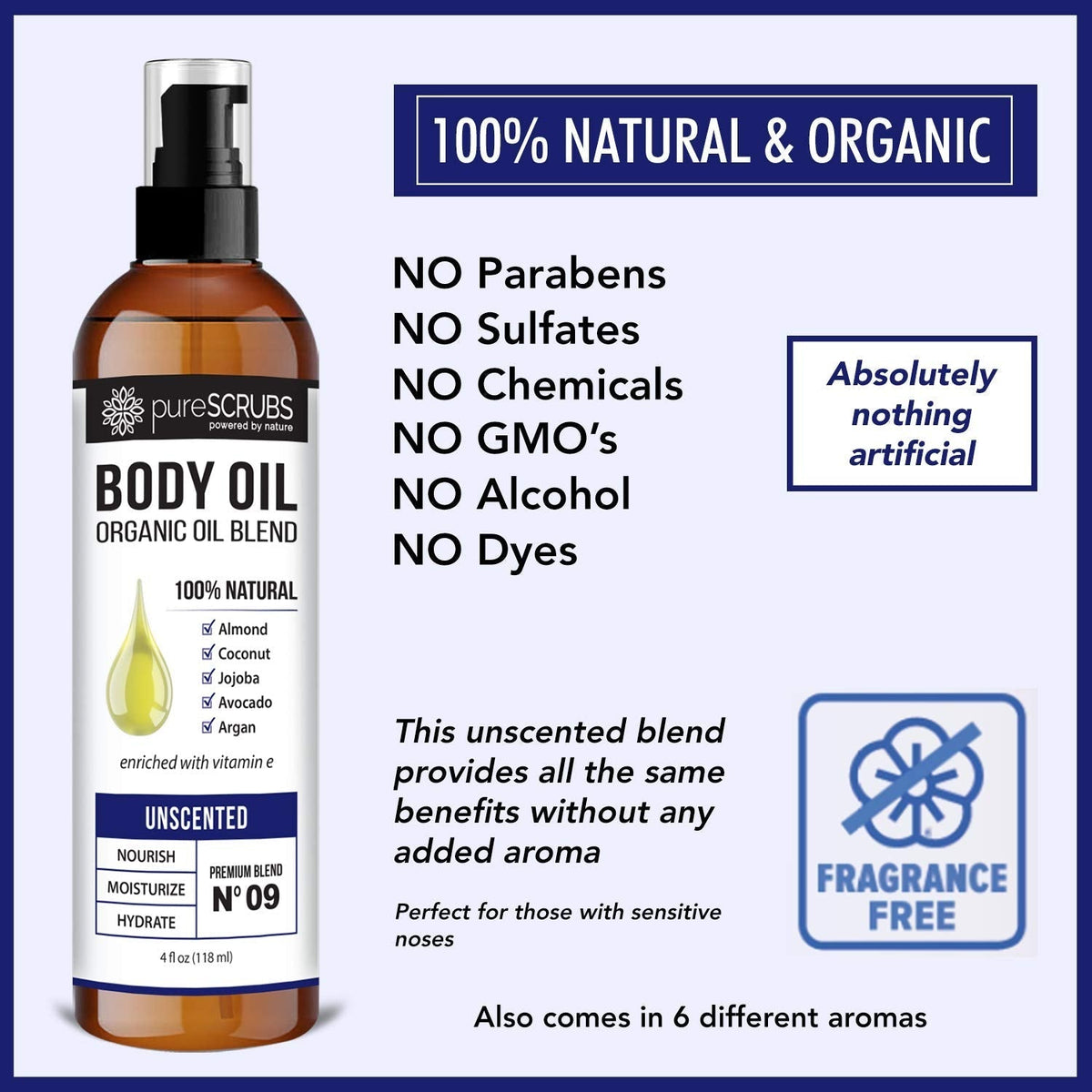 pureSCRUBS Ultra Moisturizing Unscented Body Oil Spray for Dry Skin, Massage, Stretch Marks, Organic Super Blend of Jojoba, Argan, Coconut, Sweet Almond & Avocado Oils Enriched with Vitamin E, Lg 4oz