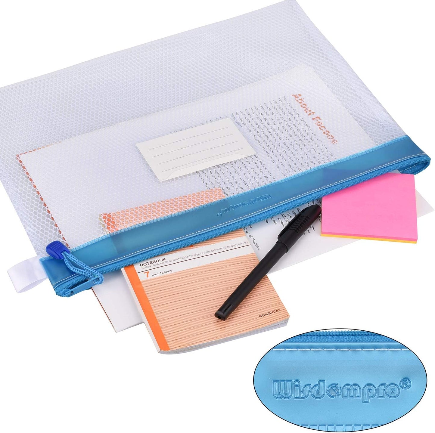 Zipper Pouch, Wisdompro 4 Packs Durable Letter Size Waterproof Mesh File Bag, Document Organizer - Blue
