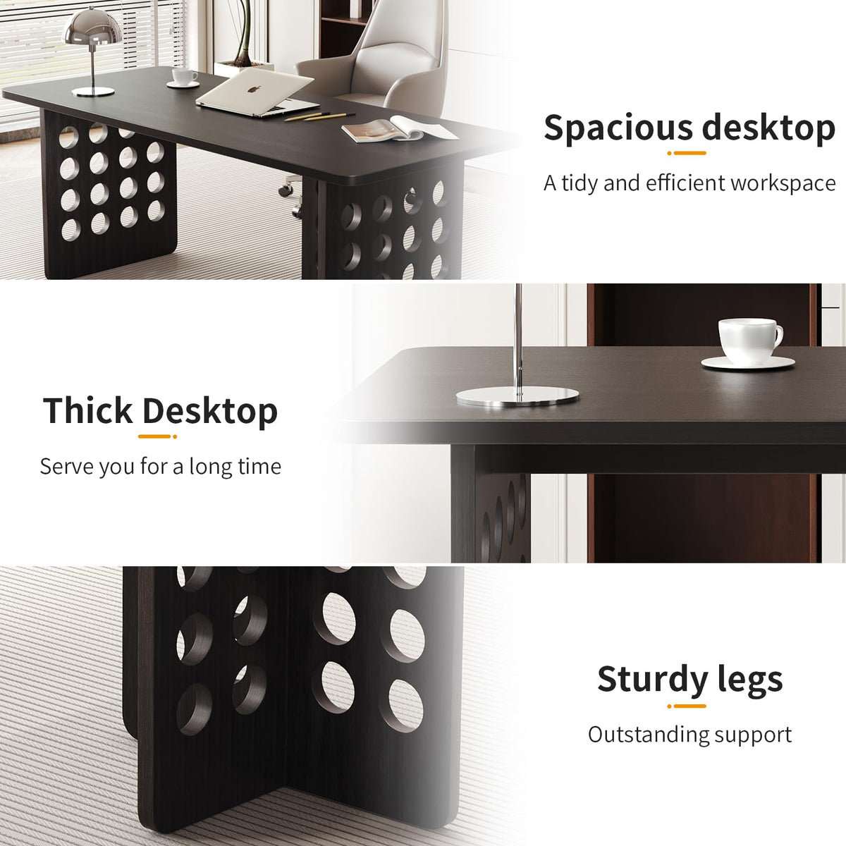 MesaSync 60 Inch Executive Desk, Large Computer Office Desk with Black Desktop，Modern Minimalist Workstations Writing Table Study Desk for Business and Home Office