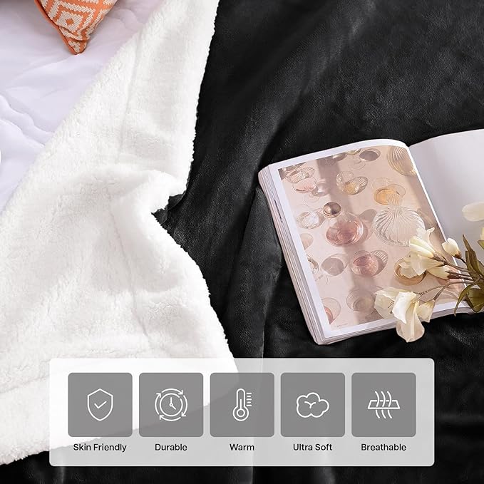 IR Imperial Rooms Sherpa Fleece Throw Blanket for Couch - Soft and Fuzzy Black Blanket for Winter - Reversible Thick and Warm Fluffy Throw Blankets for Bed, Sofa, Camping and Travel, 50x60 Inches