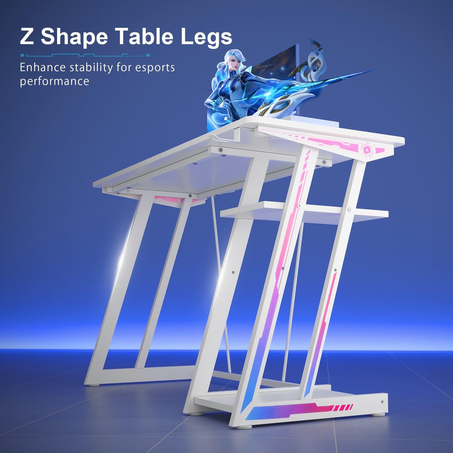 YeTom 47-inch Gaming Desk with LED Lights & Power Outlets|Carbon Fiber Gaming Table with Monitor Stand & Adjustable Storage Shelves|RGB Ergonomic Gamer Desk, Esports & Streaming, White