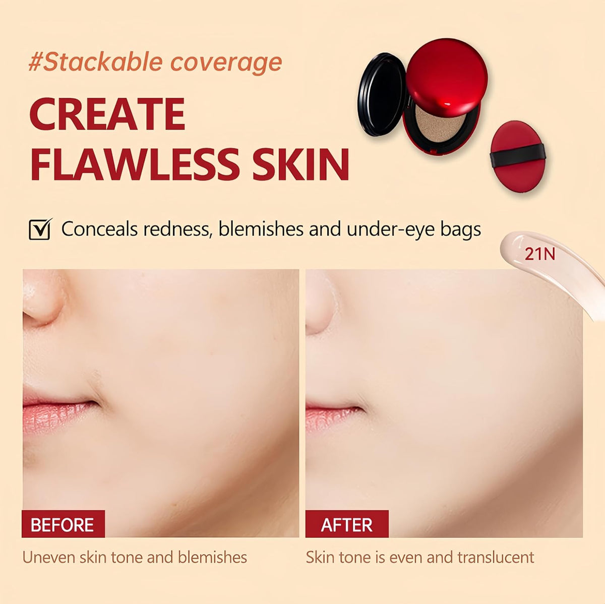 MAEPEOR Cushion Foundation 9 Colors Full Coverage Weightless Satin Glow Foundation Hydrating Long-Lasting Cushion BB Cream (Color 07)