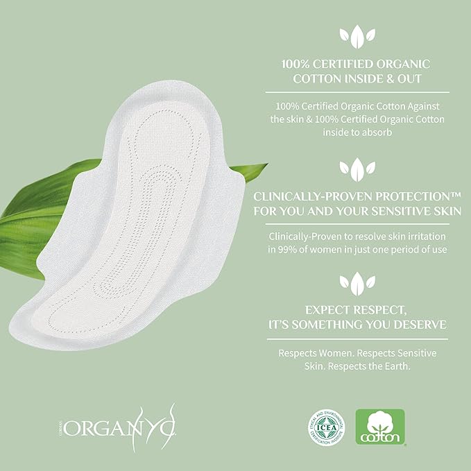 Organyc - 100% Certified Organic Cotton Feminine Pads - Sanitary Napkin with Wings for Women, Moderate Flow, Regular Absorbency, 60 Count (6 Pack of 10 Count)
