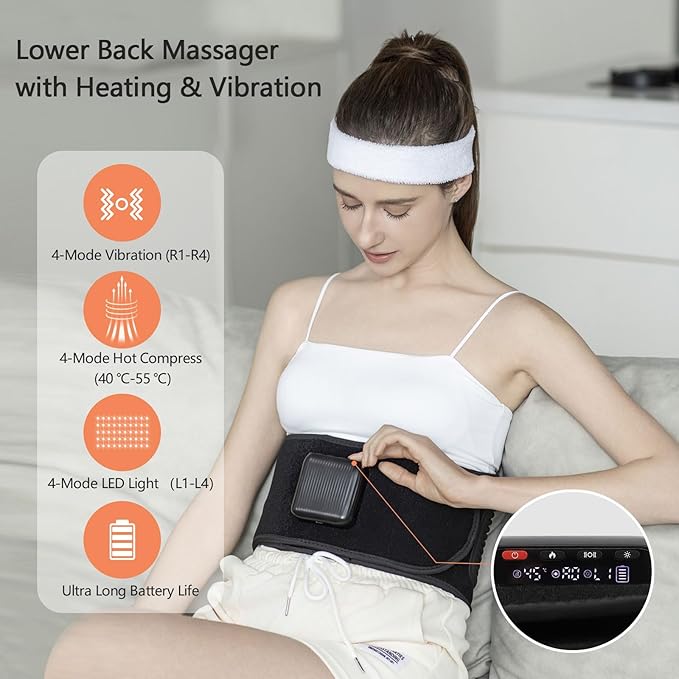 Lower Back Massager Belt with Four Modes Heating & Massage & Red Light, Ergonomic Support Massage Belt with Timer, Portable Cordless Heating Pad for Back Relieve Pain, Battery-Powered
